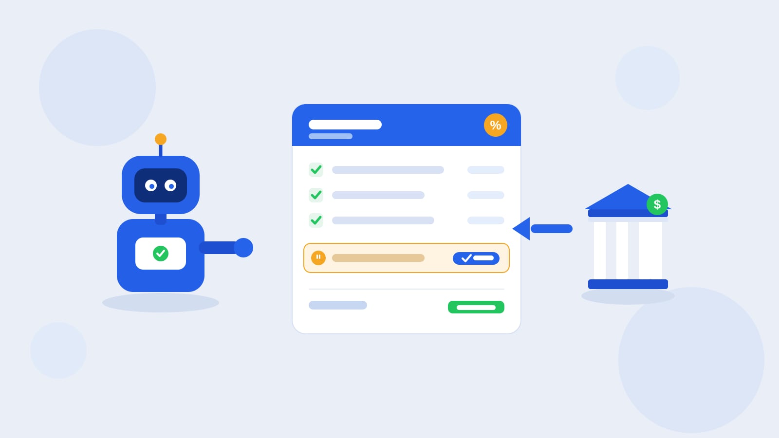 Flat illustration of a blue Kolo robot beside a ledger card with reconciled rows and green checks, a bank building, and an orange coin accent, with a paused entry awaiting approval, on a light blue-grey background.