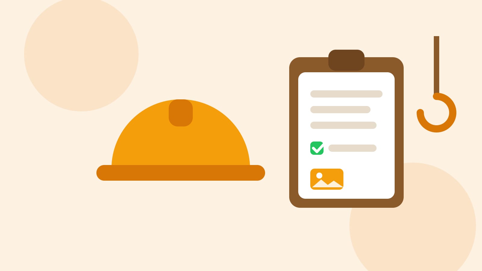 Flat illustration of a hard hat beside a daily report clipboard and a crane hook