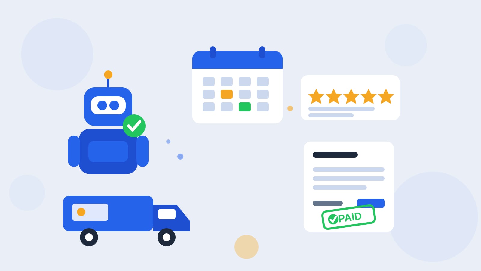 Ilustración plana de un robot Kolo azul con una palomita verde de aprobación junto a una camioneta de servicio, un calendario de trabajos, una tarjeta de reseña de cinco estrellas y una factura pagada.