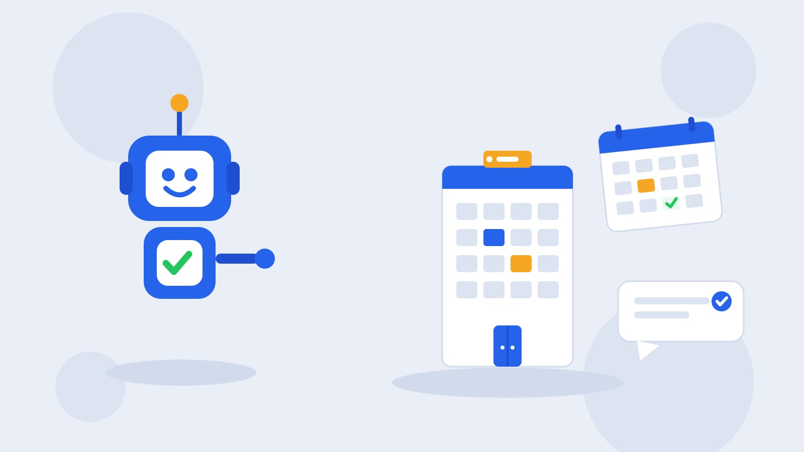 Flat illustration of a blue Kolo robot beside a hotel building, a reservation calendar card, and a chat bubble carrying a green approval check.