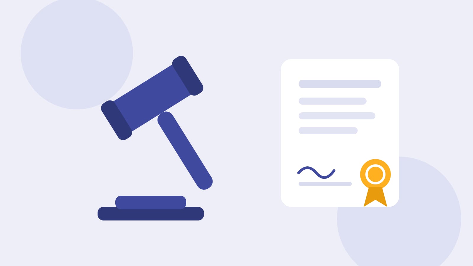 Flat illustration of a gavel beside a legal document with a ribbon seal and a pen
