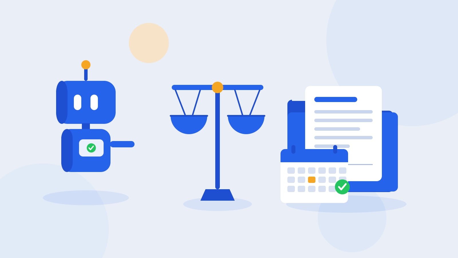 Flat illustration of a blue Kolo robot with a green approval check beside a case folder, a calendar card with a highlighted deadline, a document with a signature line, and the scales of justice.