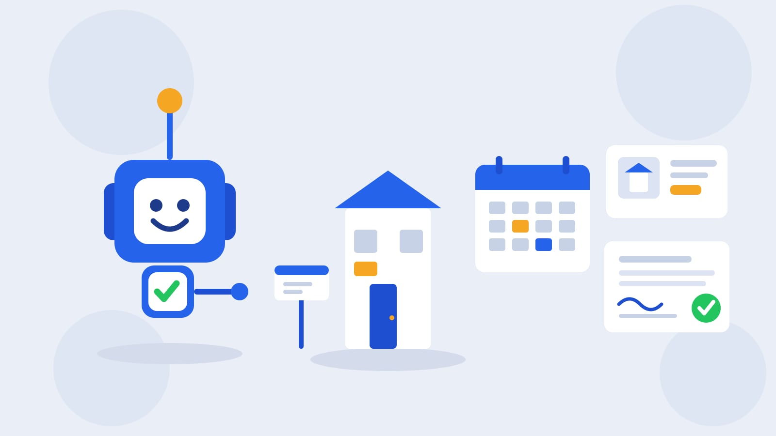 Flat illustration of a blue Kolo robot with a green approval check beside a house with a for-sale sign, a calendar showing, a listing card, and a signed contract.