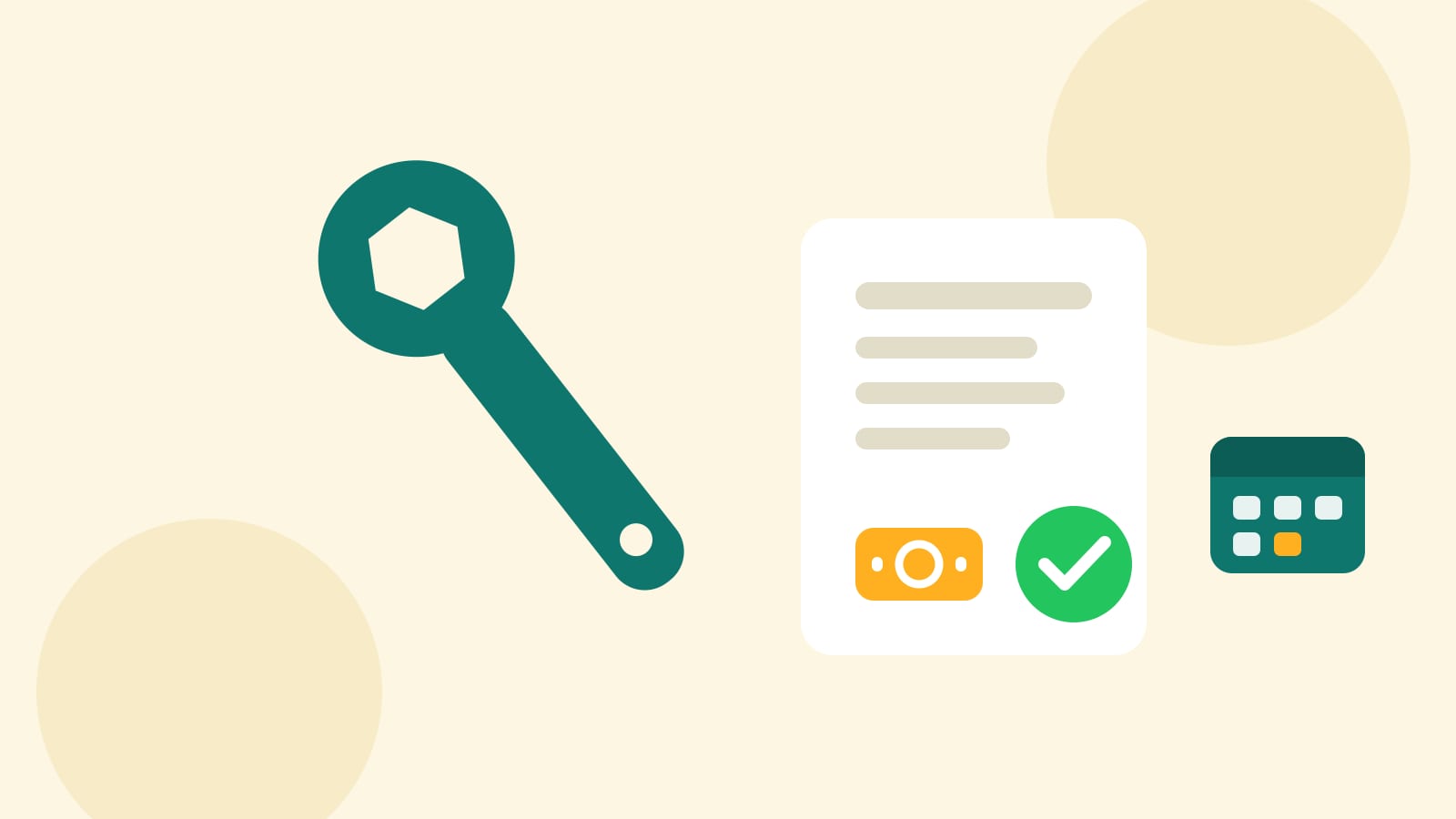 Flat illustration of a wrench beside a paid invoice and a job calendar