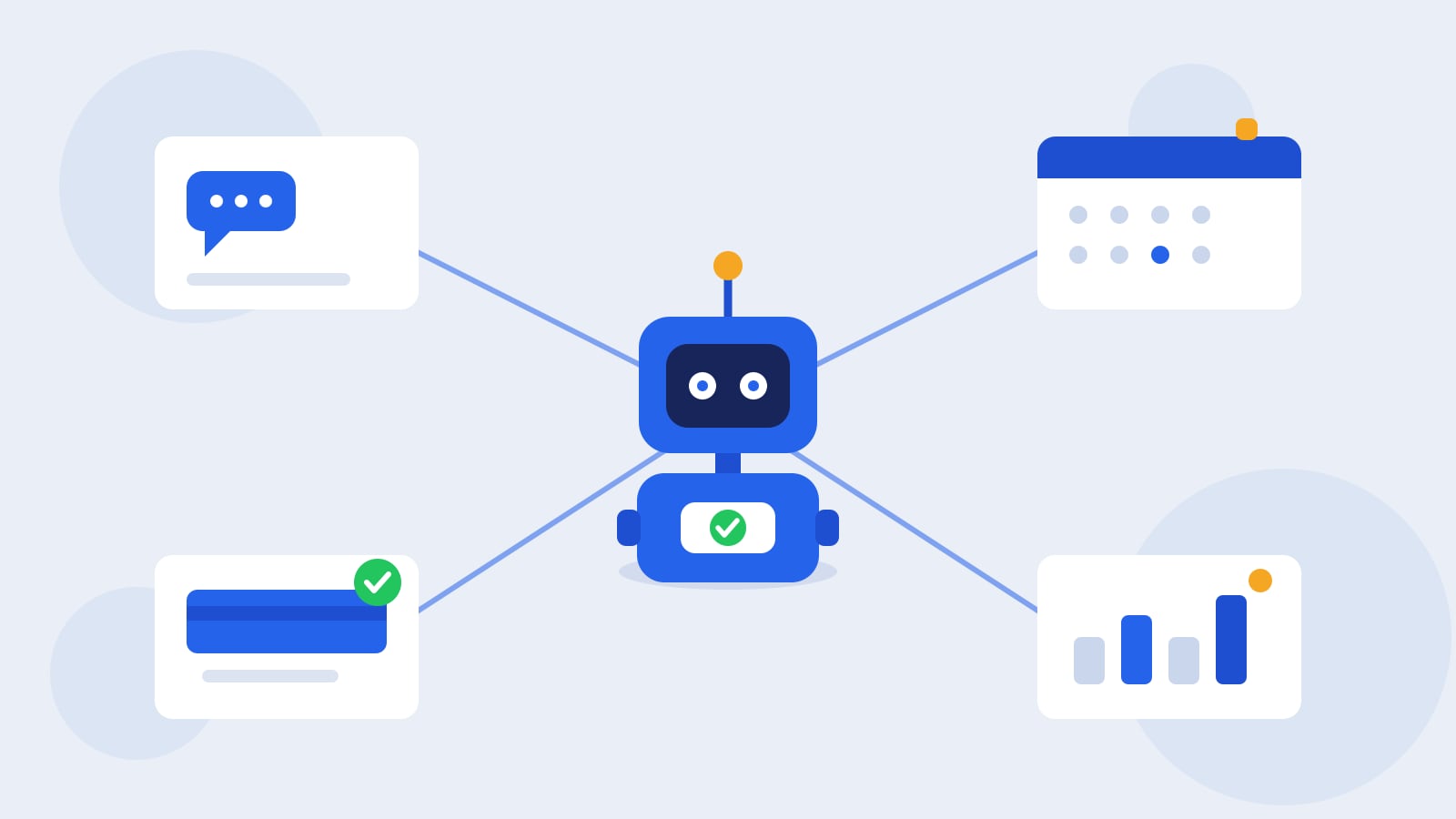 Ilustración plana de un robot Kolo azul en el centro de un hub, conectado por líneas a tarjetas blancas de apps para mensajería, calendario, pagos y contabilidad, con una palomita verde de aprobación y un punto naranja de acento, sobre un fondo azul grisáceo claro.