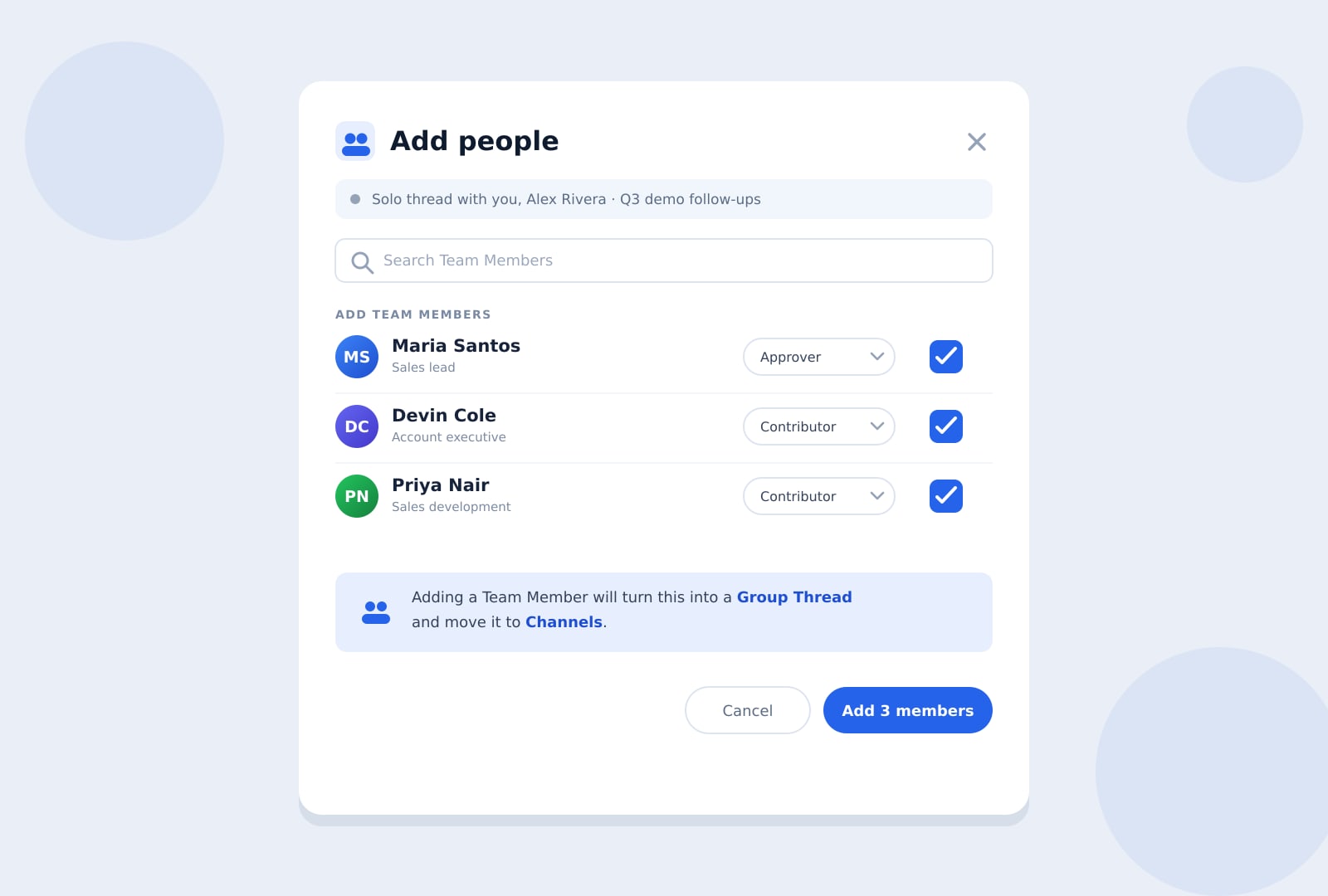 Kolo's Add People panel on a solo thread, with two Team Members selected and a role set for each, above a notice that reads: Adding a Team Member will turn this into a Group Thread and move it to Channels.