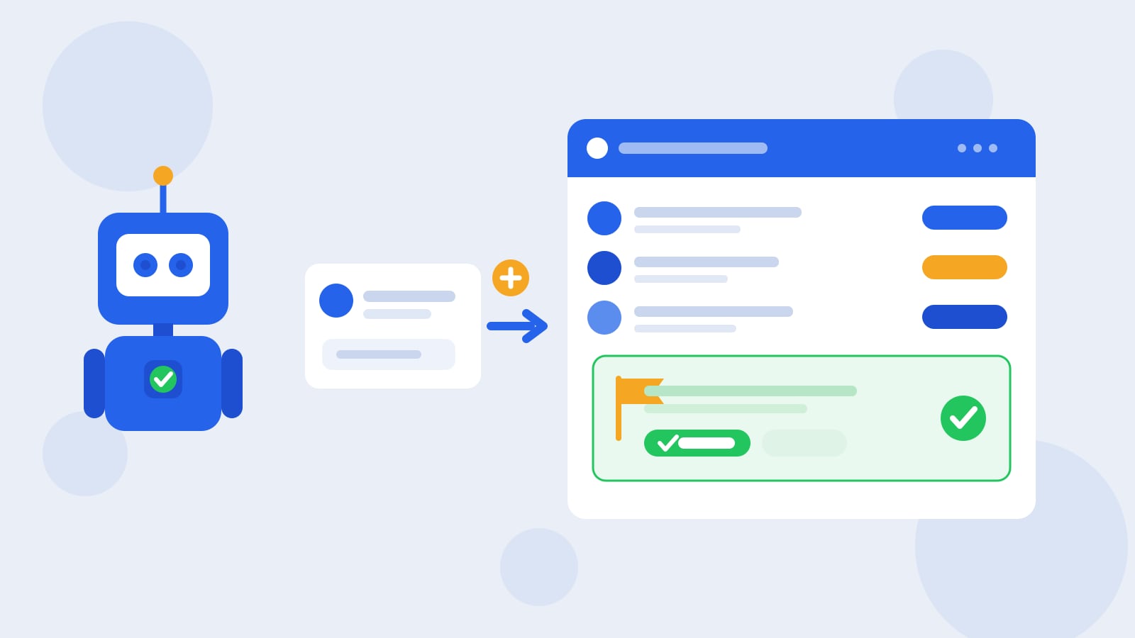 Flat illustration of a blue Kolo robot beside a chat card that expands from one person into a group of Team Member cards with role tags and a green approval check.