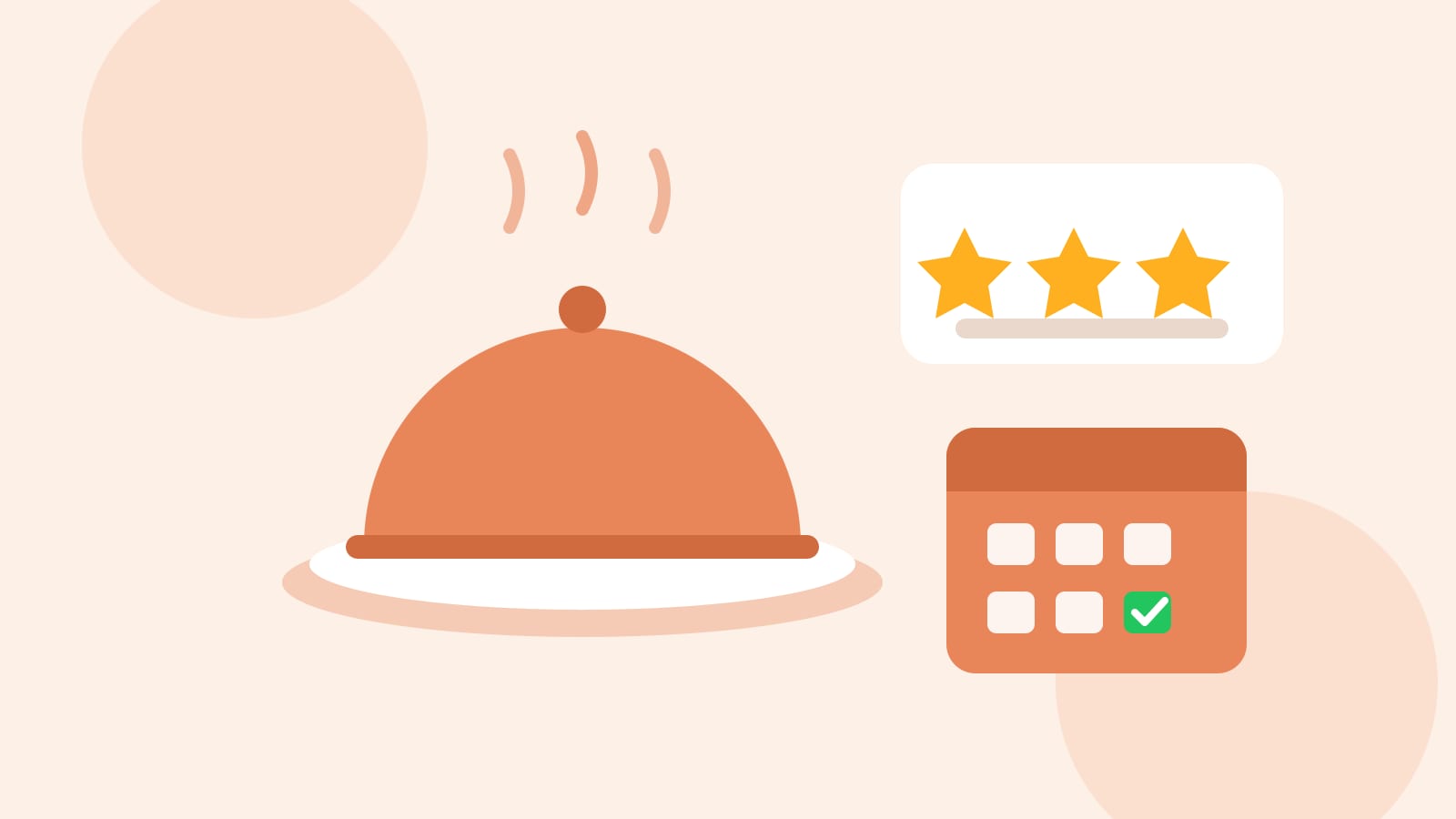 Flat illustration of a restaurant serving cloche beside a review card with stars and a booking calendar