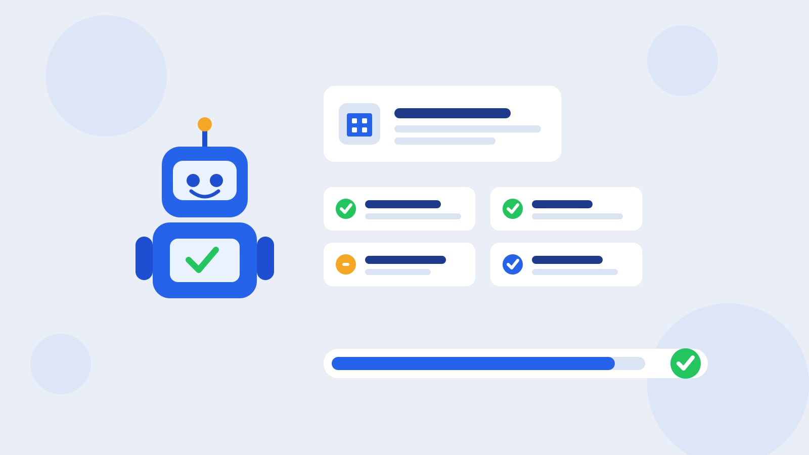 Flat illustration of a blue Kolo robot studying a white company profile card and a stack of labeled Skill cards next to a progress bar ending in a green check, on a light blue-grey background with soft circles and an orange accent.