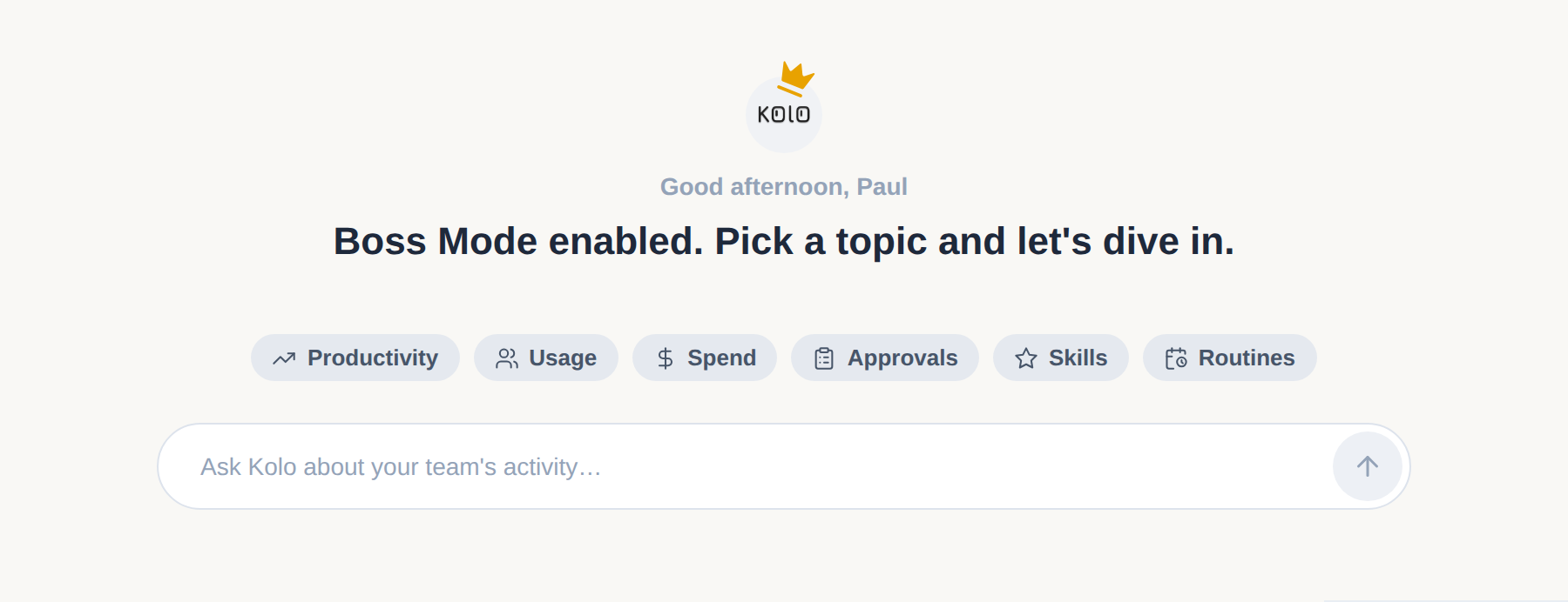 The top of the Boss Mode page: a crowned Kolo badge, a greeting, a row of topic chips, and an ask box.