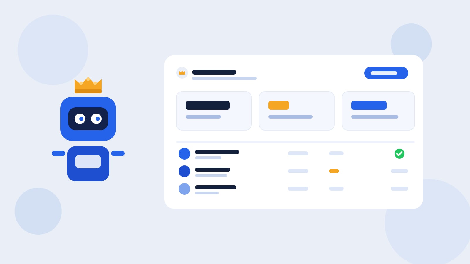 Flat illustration of a blue Kolo robot wearing a small gold crown beside a dashboard card with spend and approval tiles, a team activity list, and a green approval check.