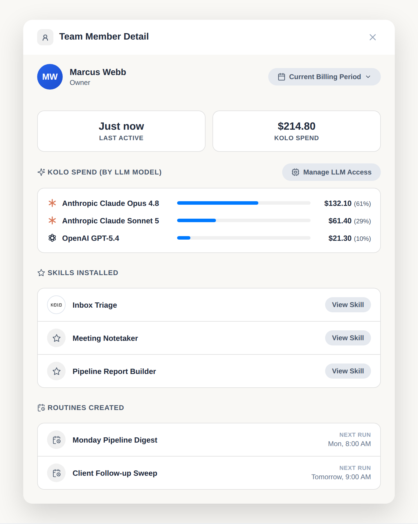 The Team Member Detail drill-down showing identity, last active and spend tiles, spend by model, installed skills, and routines.