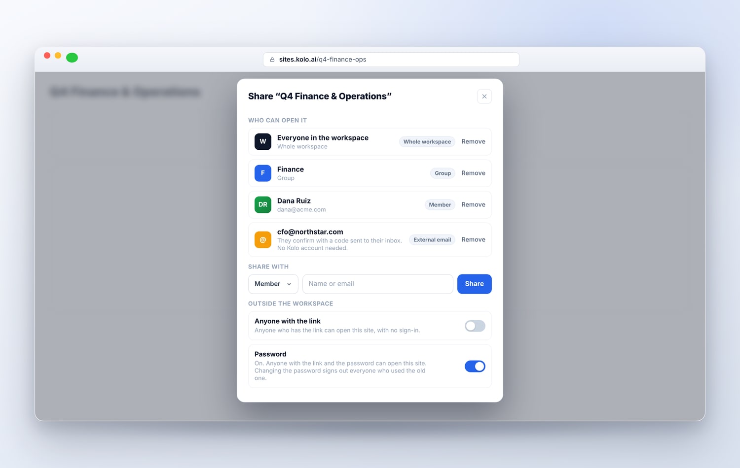 The Share dialog for a site, under a heading that reads Who can open it. The list shows the whole workspace, a group, a Team Member, and an external email invite, above switches for an anyone-with-the-link option and a password-protected link.