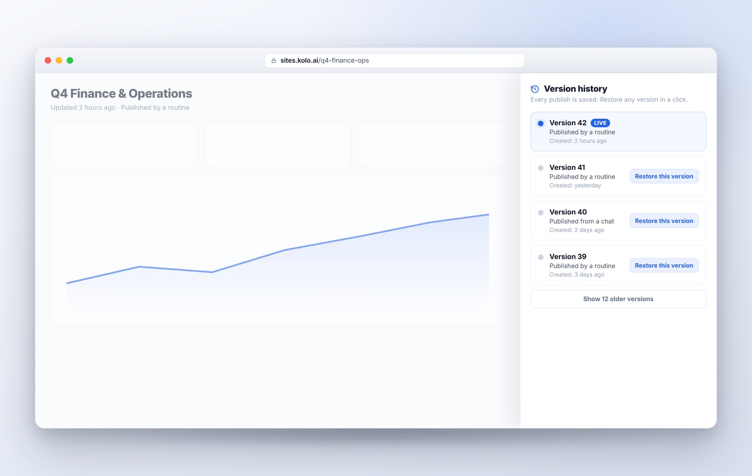 A site's version history panel. The current version is marked Live, earlier versions are labeled Published by a routine or Published from a chat with the date each was created, and every earlier version has a Restore this version button.