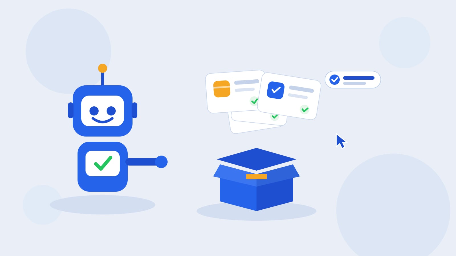 Flat illustration of a blue Kolo robot beside an open pack box releasing several white Skill cards into a stack, each card carrying a green approval check, with a Kolo Official badge and orange accents.