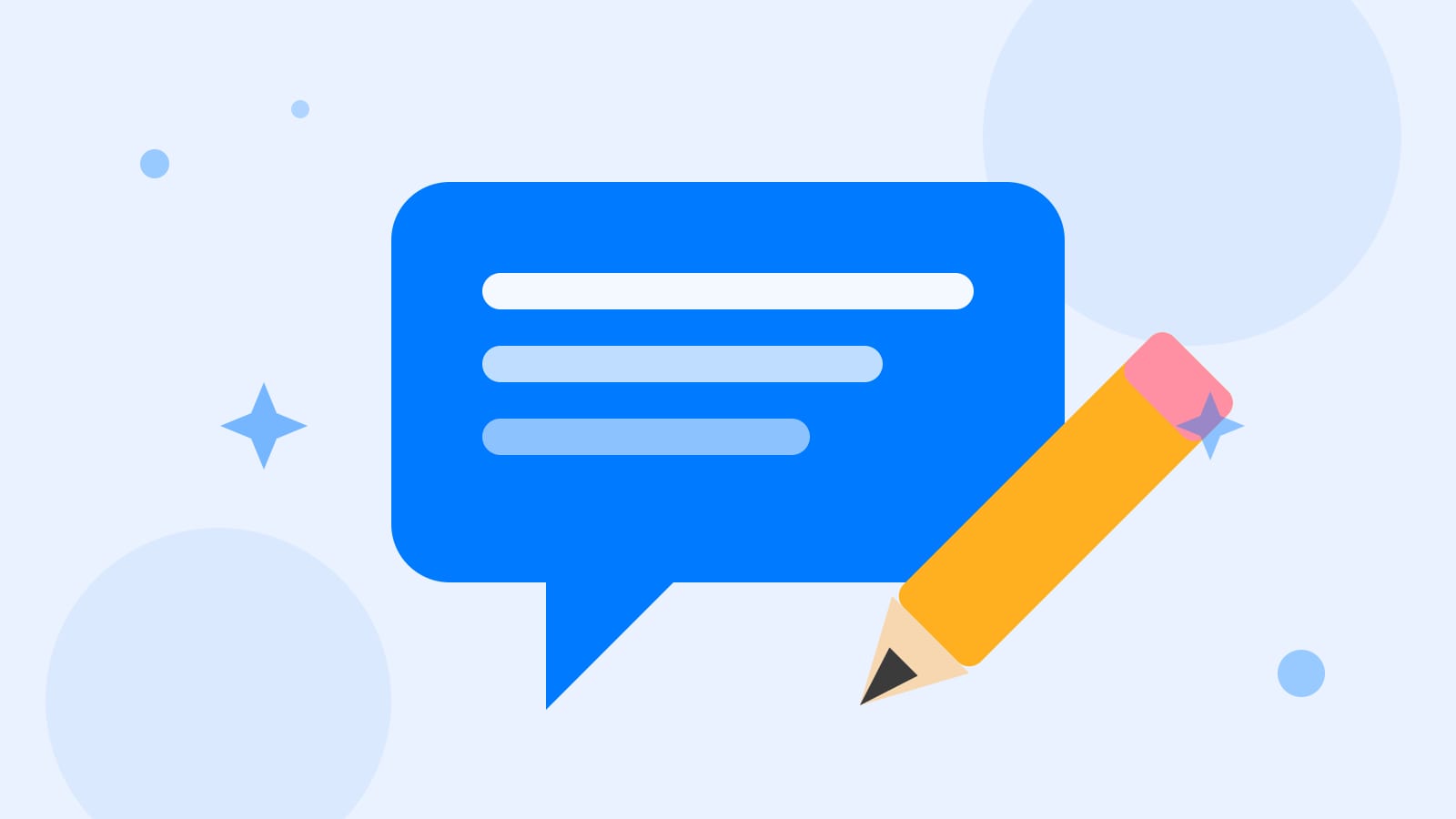 Flat illustration of a large blue chat bubble being written by a pencil, announcing the Kolo blog