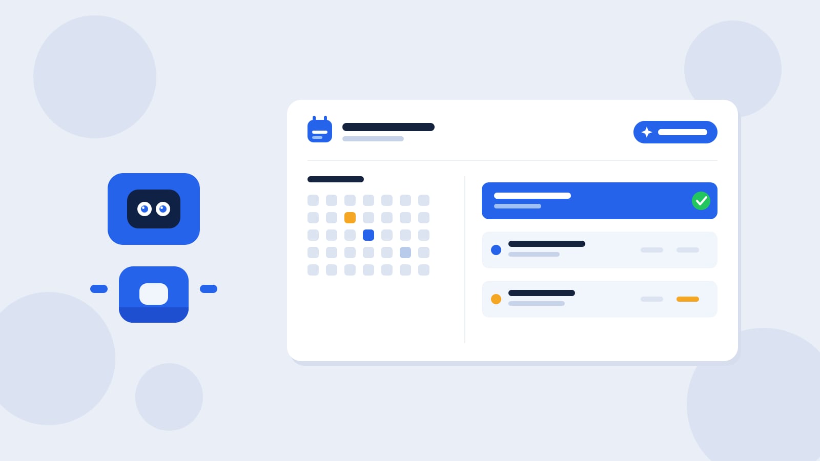 Flat illustration of a blue Kolo robot beside a white calendar card with a month grid, an agenda list, a highlighted blue event carrying a green approval check, an Ask Kolo sparkle button, and orange event accents.