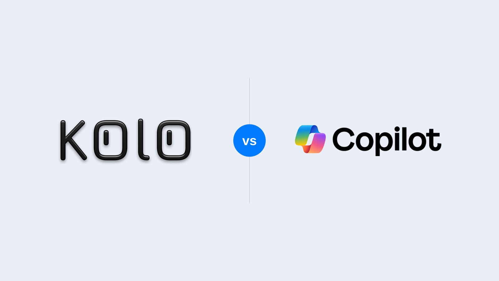 The black Kolo logo and the Microsoft Copilot logo side by side, separated by a blue "vs" badge, on the light Kolo brand background.
