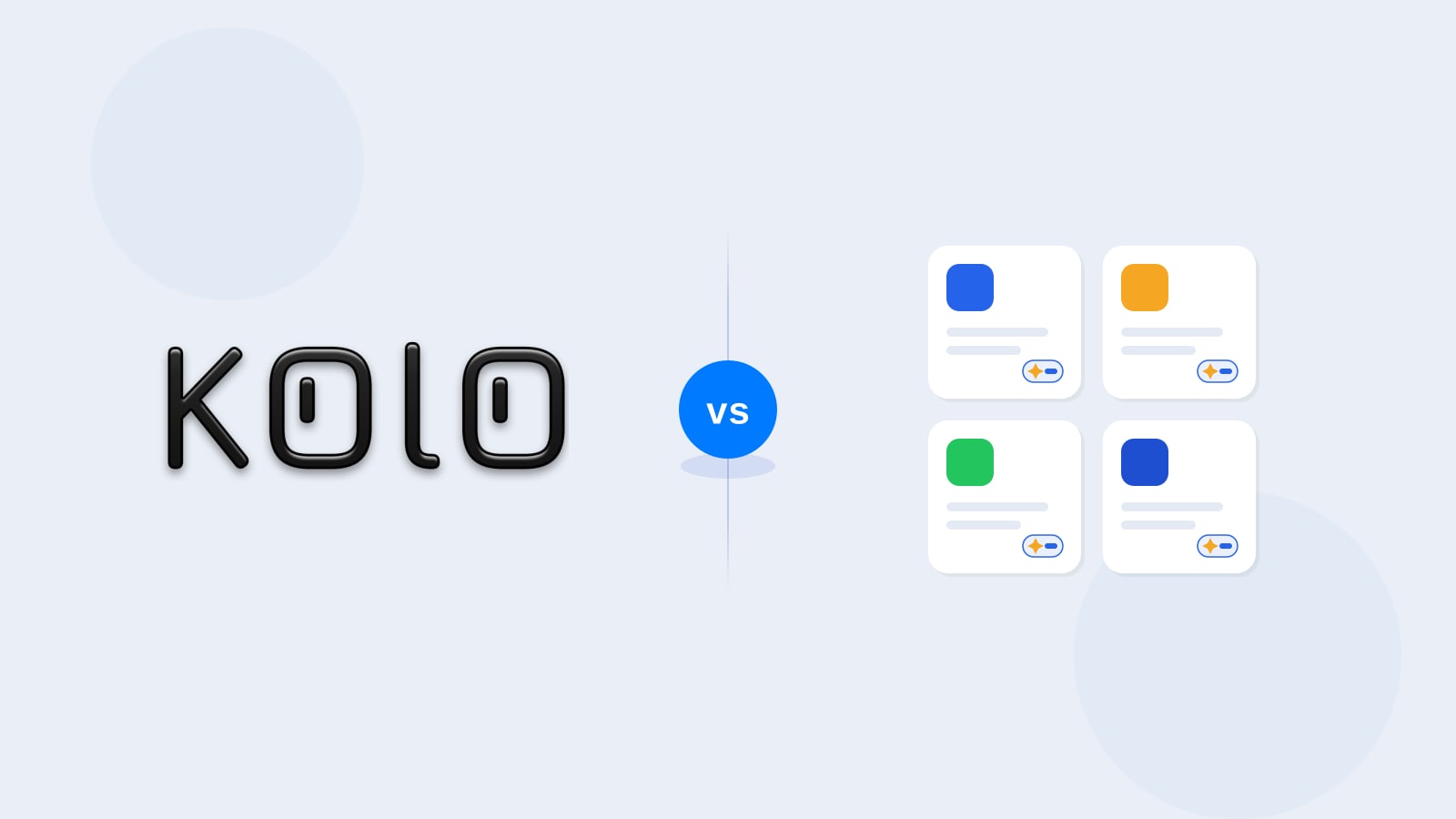 El logo negro de Kolo a la izquierda y una insignia azul con la palabra vs en el centro, frente a una cuadrícula de tarjetas de apps genéricas que cada una trae su propio botón de IA, sobre el fondo claro de la marca Kolo.