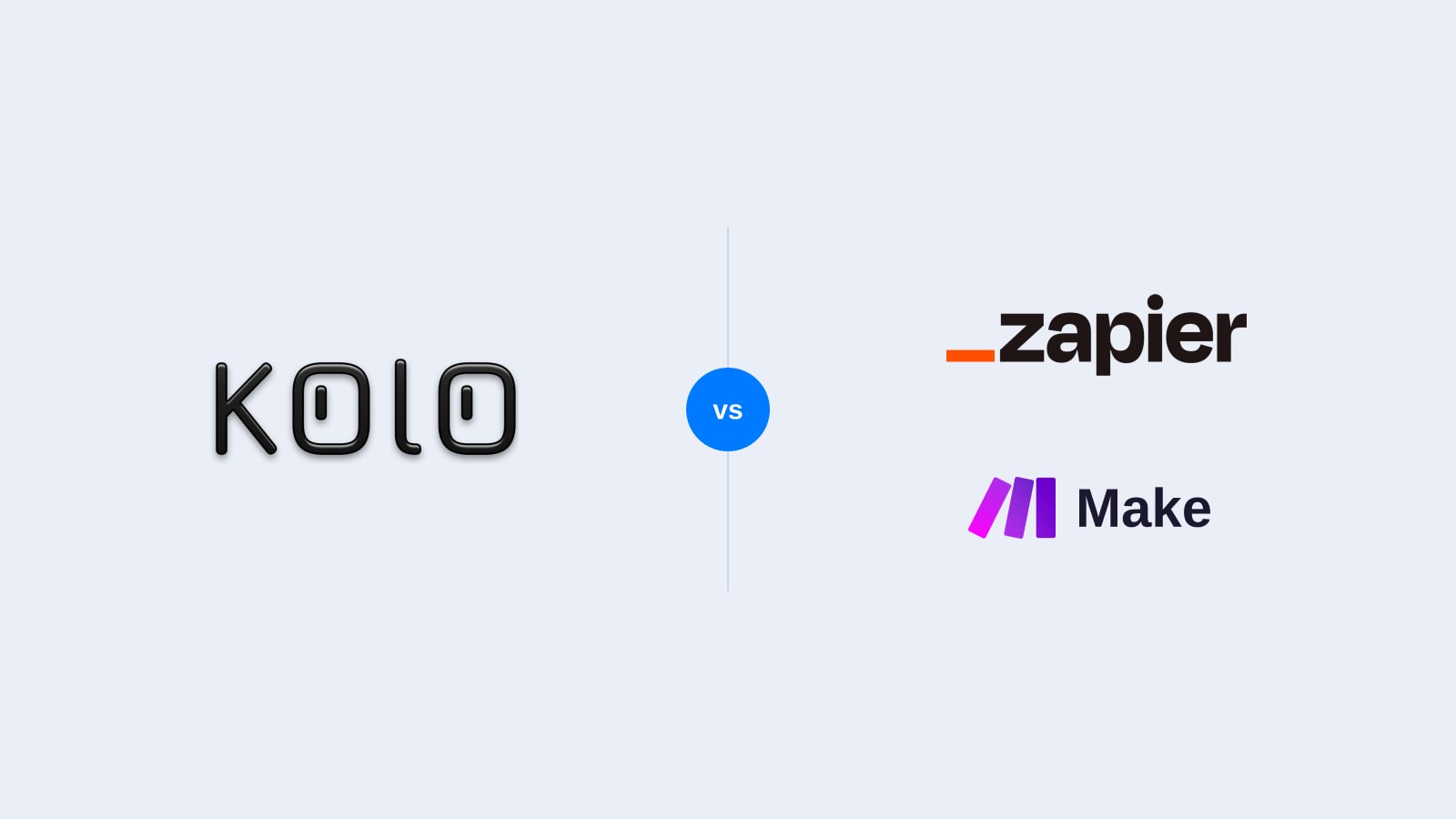 The black Kolo logo on the left and the Zapier and Make logos on the right, separated by a blue "vs" badge, on the light Kolo brand background.