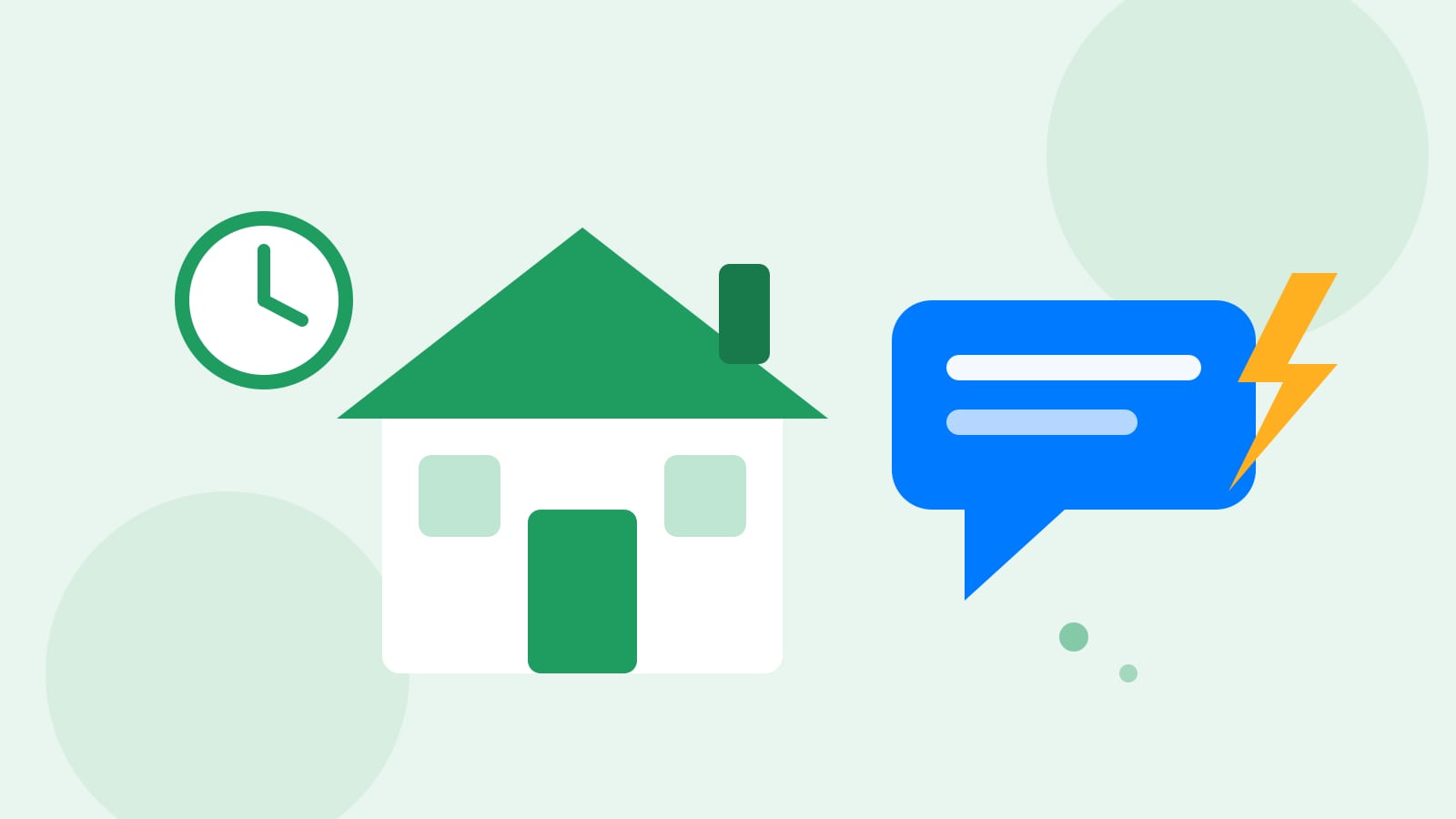 Flat illustration of a house with a clock and an instant chat reply marked by a lightning bolt