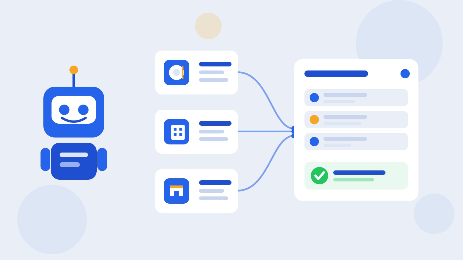 Flat illustration of a blue Kolo robot beside three connected location cards, a restaurant, a hotel, and a storefront, feeding into one workspace panel with a green approval check.