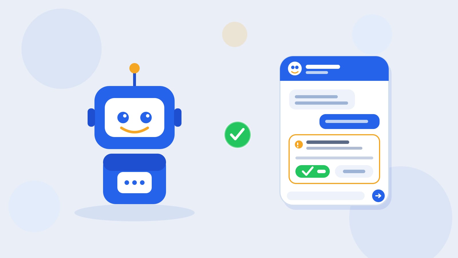 Flat illustration of a blue Kolo robot beside a phone showing a text thread, with a green approval check on a flagged message.