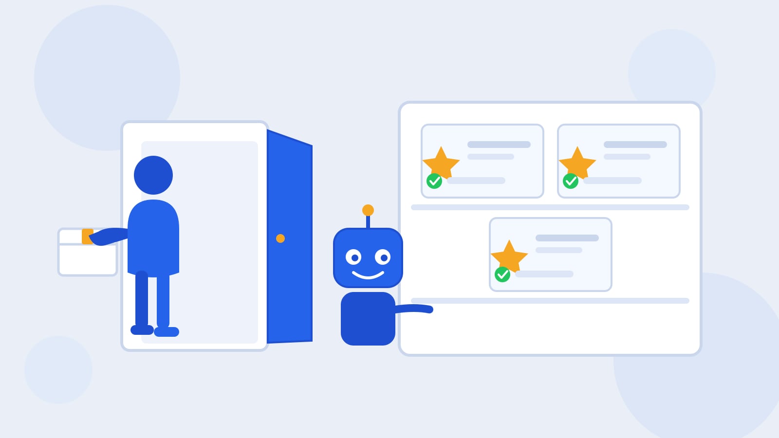 Ilustración plana de una persona que sale por una puerta abierta cargando una caja, mientras un robot Kolo azul y amigable señala un estante de tarjetas de Skills que se quedan, cada una con una estrella naranja y una palomita verde de aprobación, sobre un fondo azul grisáceo claro.