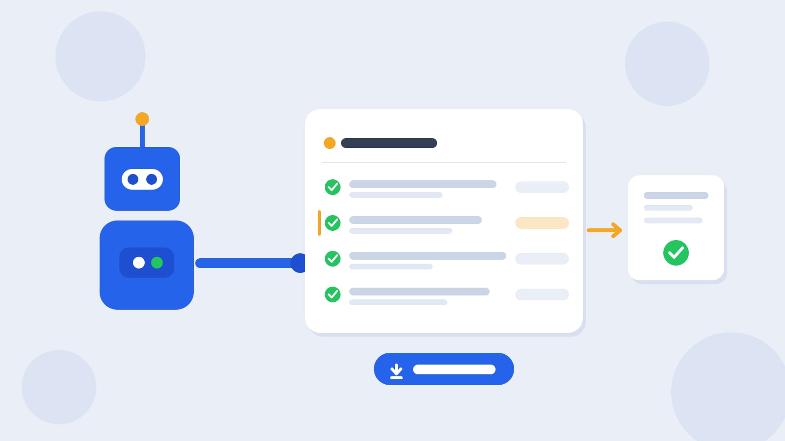 Flat illustration of a blue Kolo robot beside a scrollable ledger of logged action cards with timestamps and green approval checks, next to a download button exporting the records.