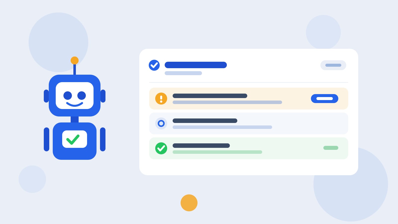 Flat illustration of a blue Kolo robot beside a white dashboard card headed Daily Summary, with a needs-your-follow-up row carrying an orange alert, a worth-watching row, and a handled-for-you row with a green check, on a light blue-grey background.