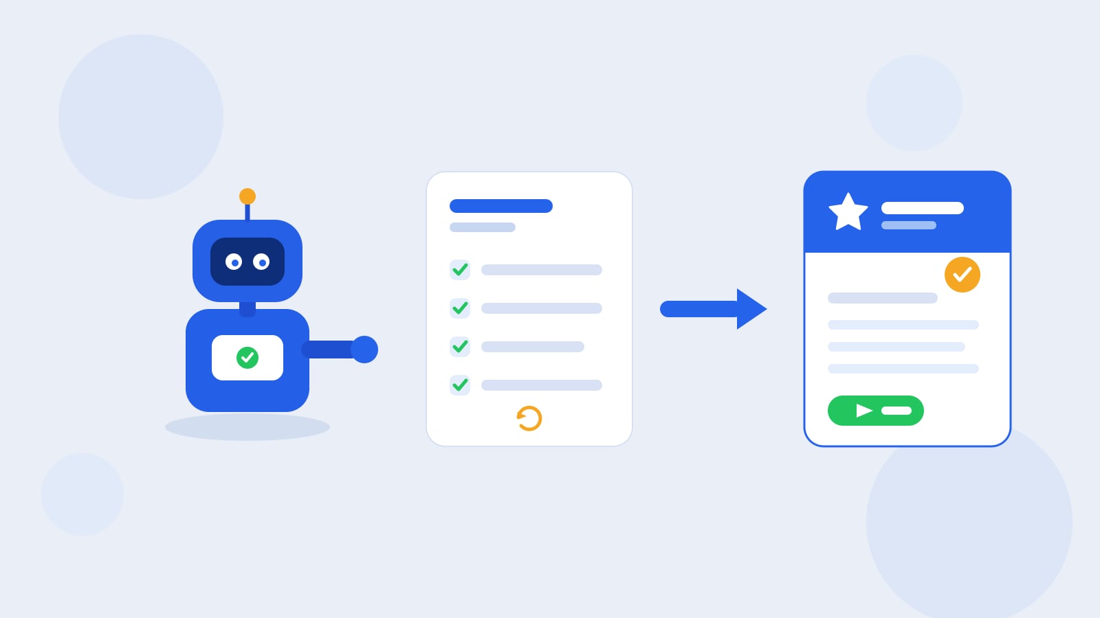 Ilustración plana de un robot Kolo azul junto a una tarjeta de checklist repetido que una flecha convierte en una tarjeta de Skill reutilizable marcada con una estrella, una palomita en insignia naranja y un botón verde de ejecutar, sobre un fondo azul grisáceo claro.