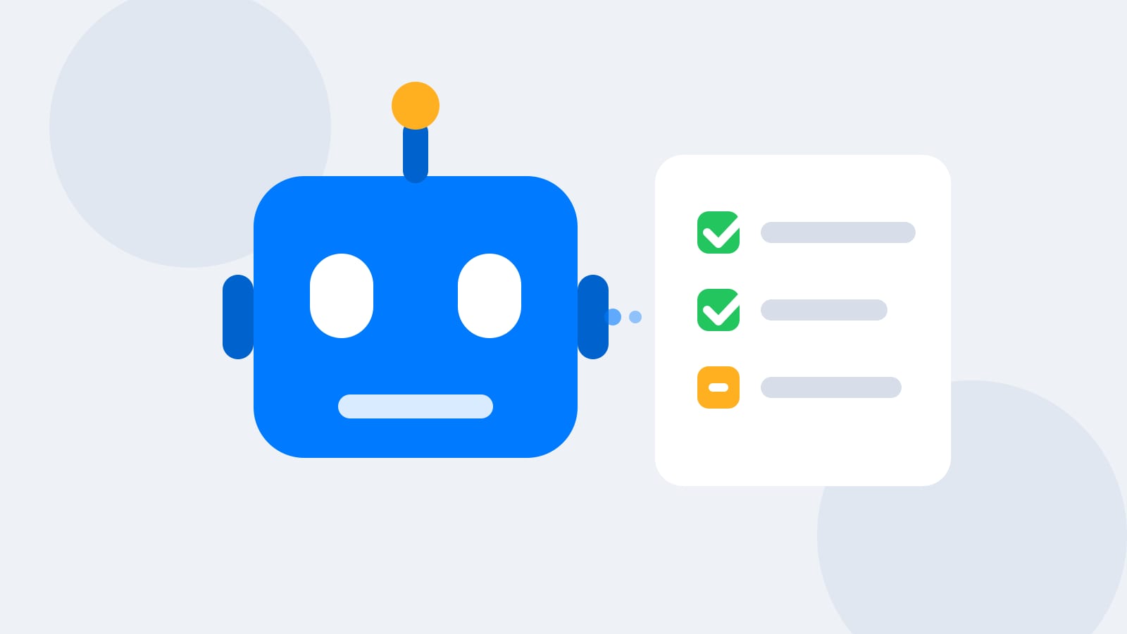 Flat illustration of a friendly robot next to a checklist card with approved and pending items