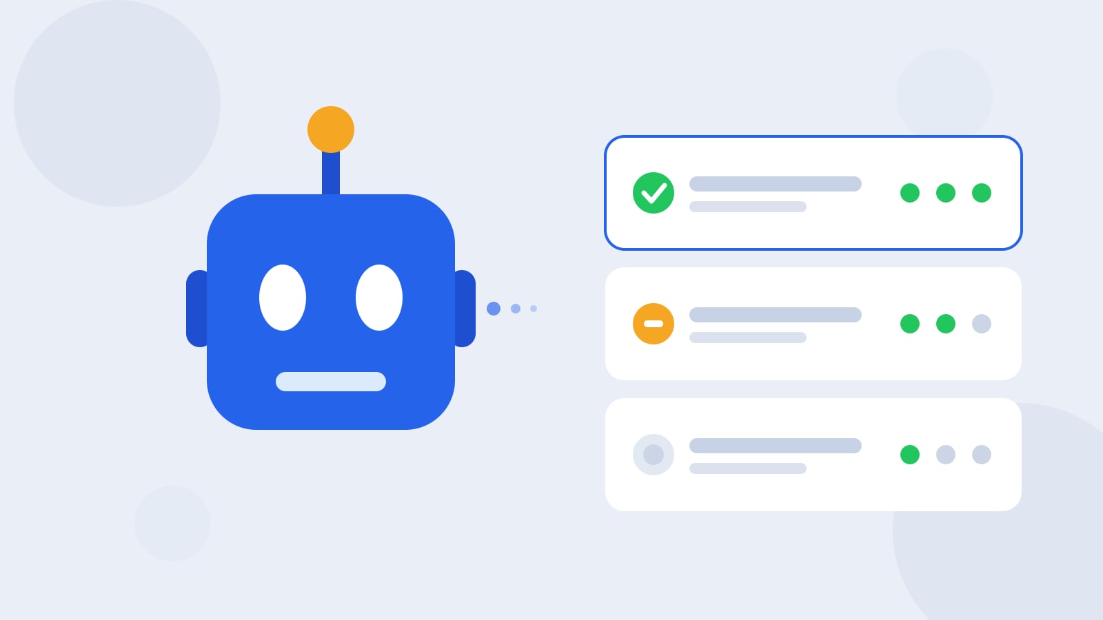 Flat illustration of a blue Kolo robot beside three task cards scored on frequency, rules, and risk, with the top card checked green