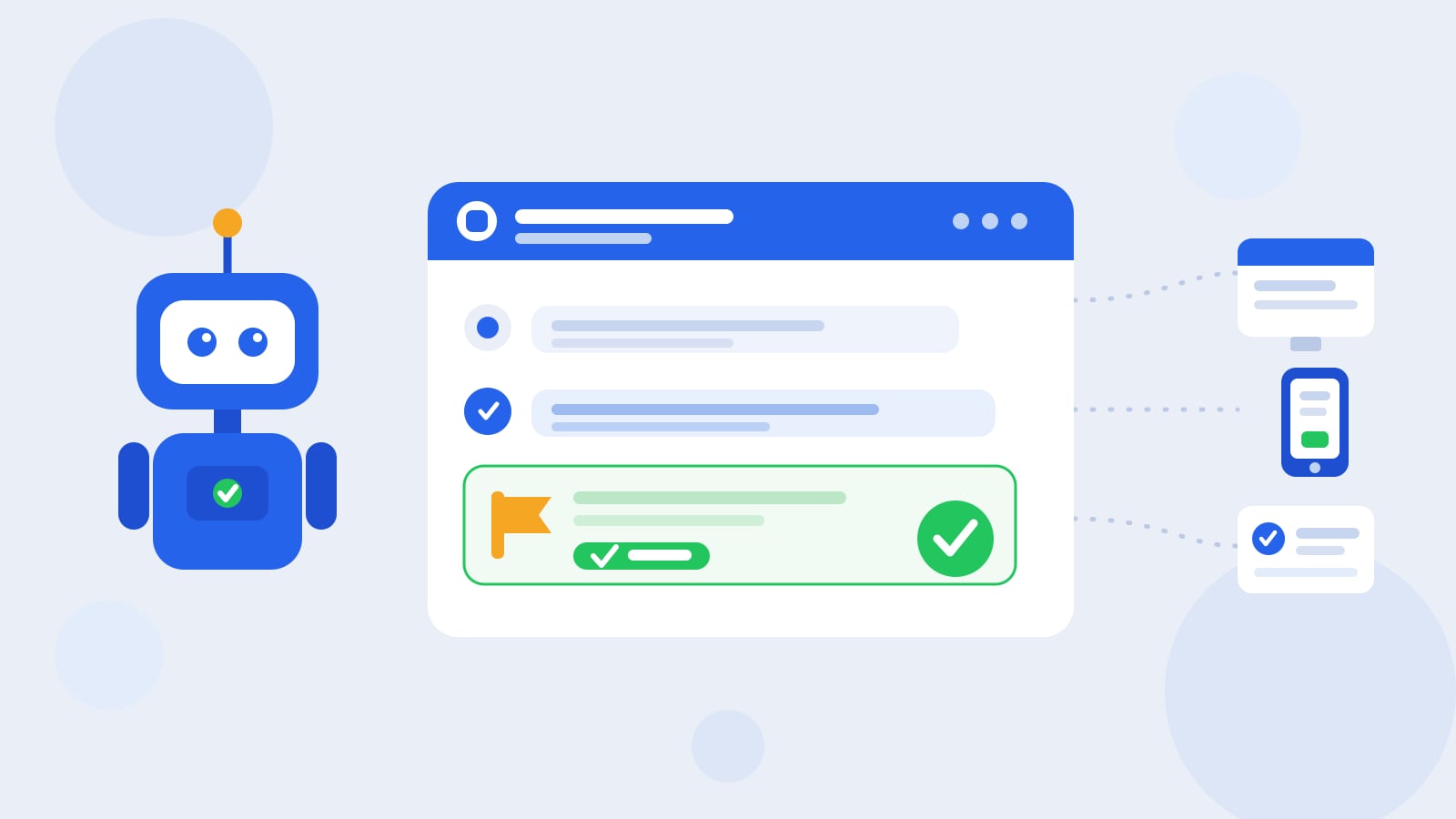 Flat illustration of a blue Kolo robot beside a Slack-style chat card with a green approval check, connected to a web workspace, a phone, and a mobile app.