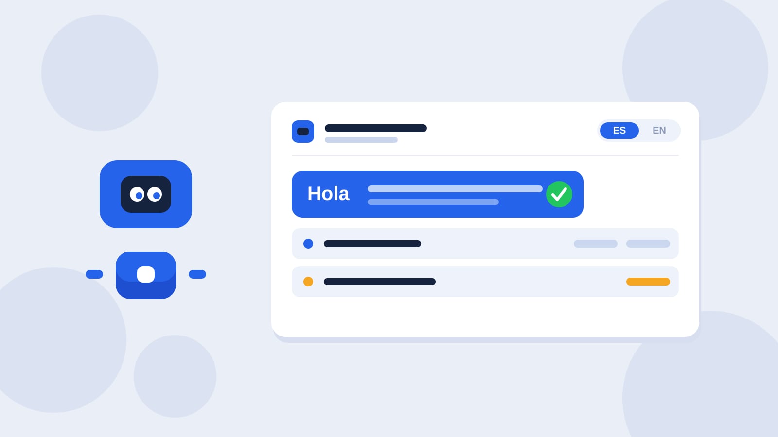 Ilustración plana de un robot Kolo azul junto a una tarjeta blanca de espacio de trabajo con un interruptor de idioma ES sobre EN, una burbuja de chat azul que dice Hola con una palomita verde de aprobación y dos filas de lista debajo.